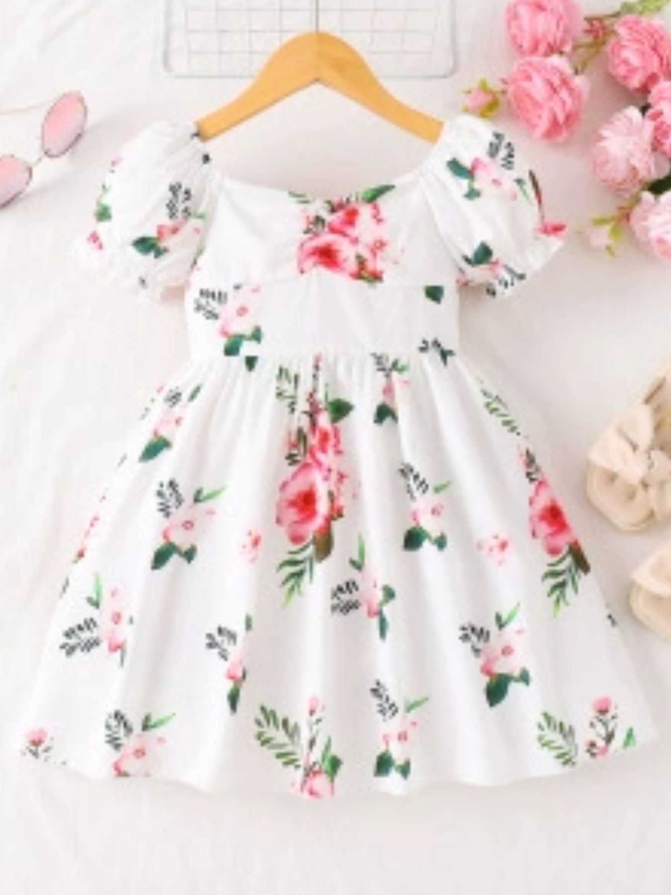 Children's Floral Print Puff Sleeve Casual Dress