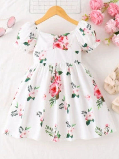 Children's Floral Print Puff Sleeve Casual Dress