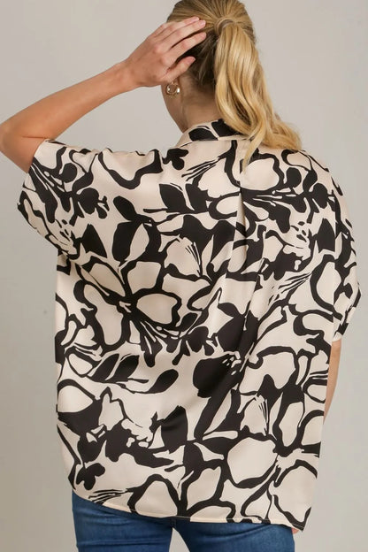Umgee Full Size Two Tone Print Button Down Top with Hidden Plackets Plus Size