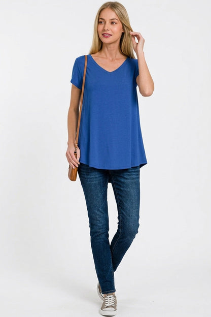 Zenana Rayon Short Sleeve V-neck Round Hem Top