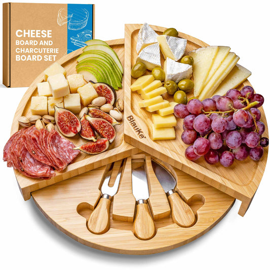 Bamboo Cheese Board and Knife Set - 14 Inch Swiveling Charcuterie Board with Slide-Out Drawer - Cheese Serving Platter, Round Serving Tray