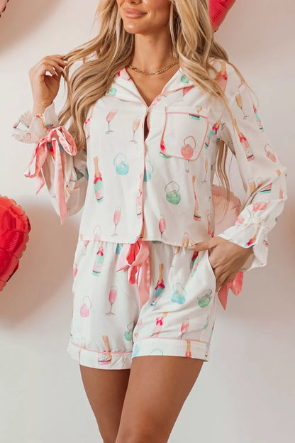 Bow Printed Collared Neck Top and Drawstring Shorts Lounge Set