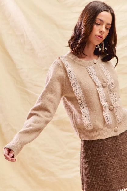SO ME Front Lace Trim Button Cardigan Sweater