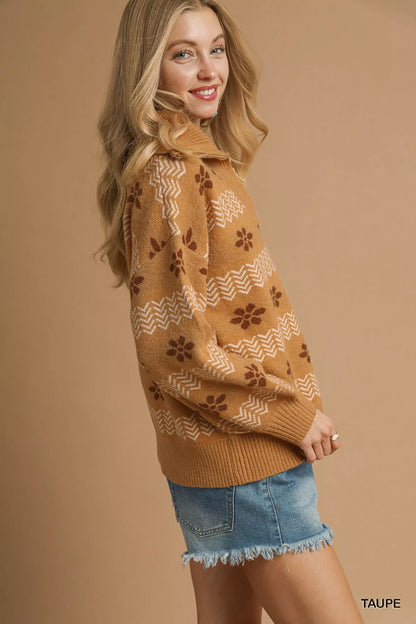 Umgee Floral Patterned Jacquard Quarter-Zip Pullover Sweater