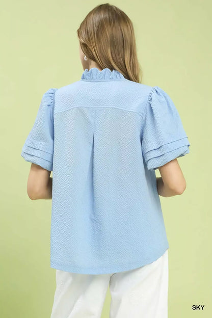 Umgee Textured Scallop Trim Puff Sleeve Blouse