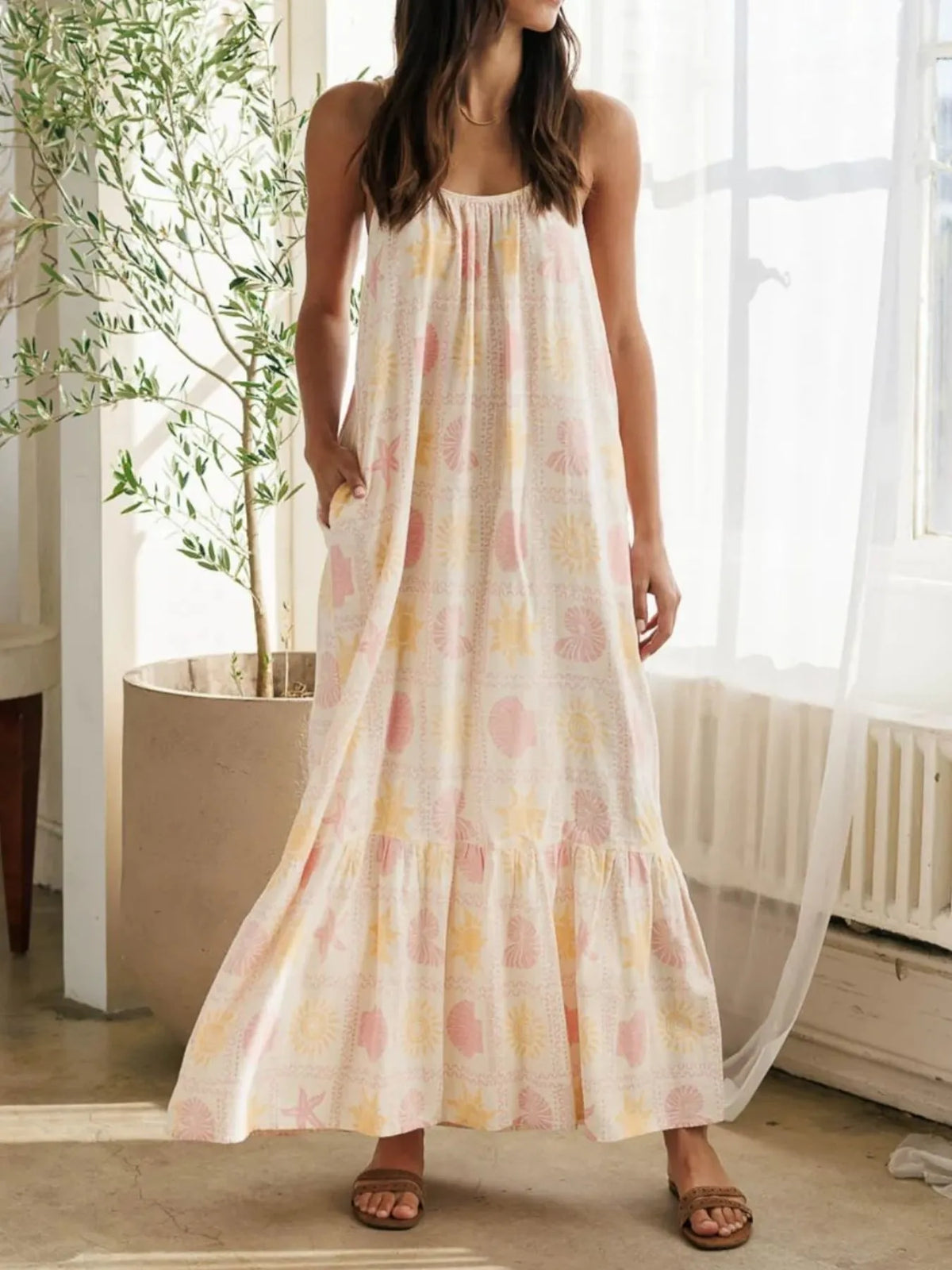Printed Maxi Lounge Dress with Ruffled Hem