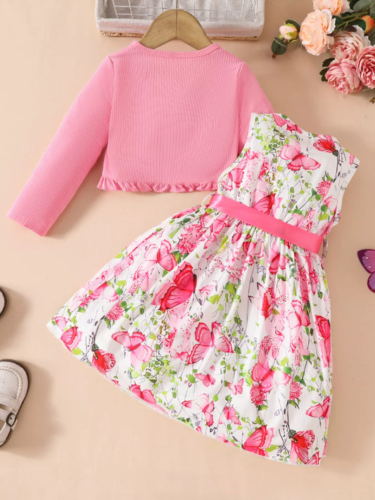 Children's Butterfly Print Sleeveless Dress with Cardigan Set