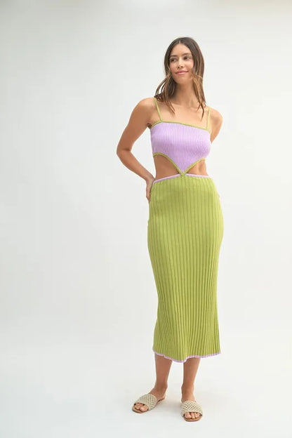 MABLE Ribbed Knit Color Block Cutout Midi Dress
