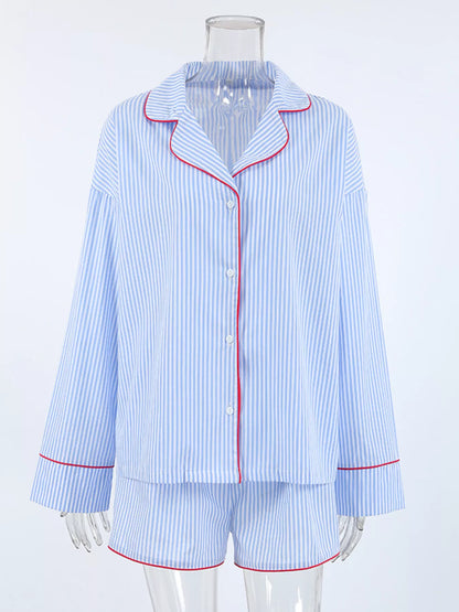 Striped Button Up Shirt and Shorts Lounge Set