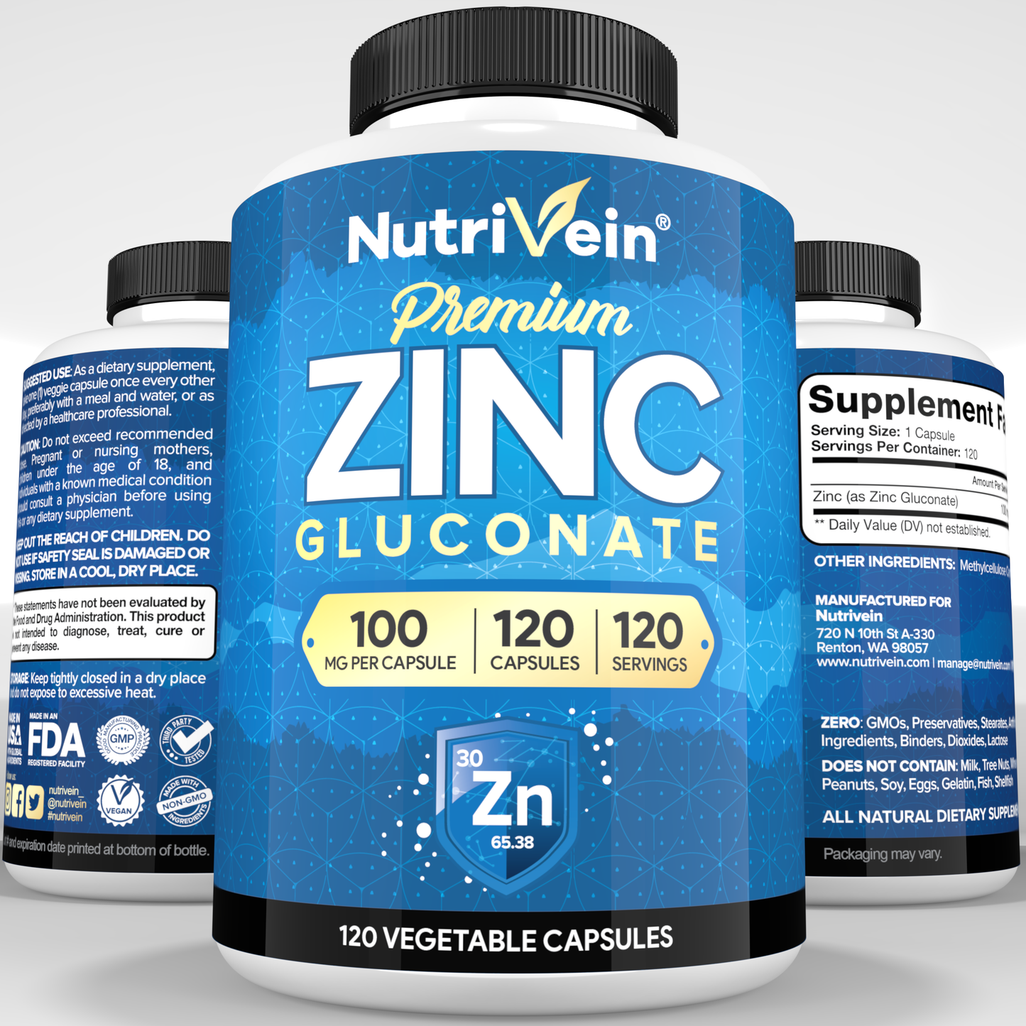 Nutrivein Premium Zinc Gluconate 100mg - 120 Capsules