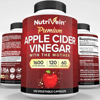 Nutrivein Premium Apple Cider Vinegar Supplements with Mother - 1600 mg - 120 Capsules