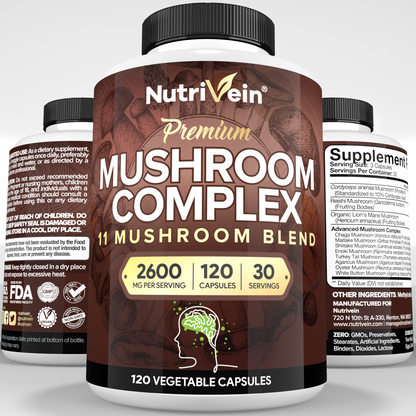 Nutrivein Premium Mushroom Supplement 2600 mg- Bottle 120 Capsules