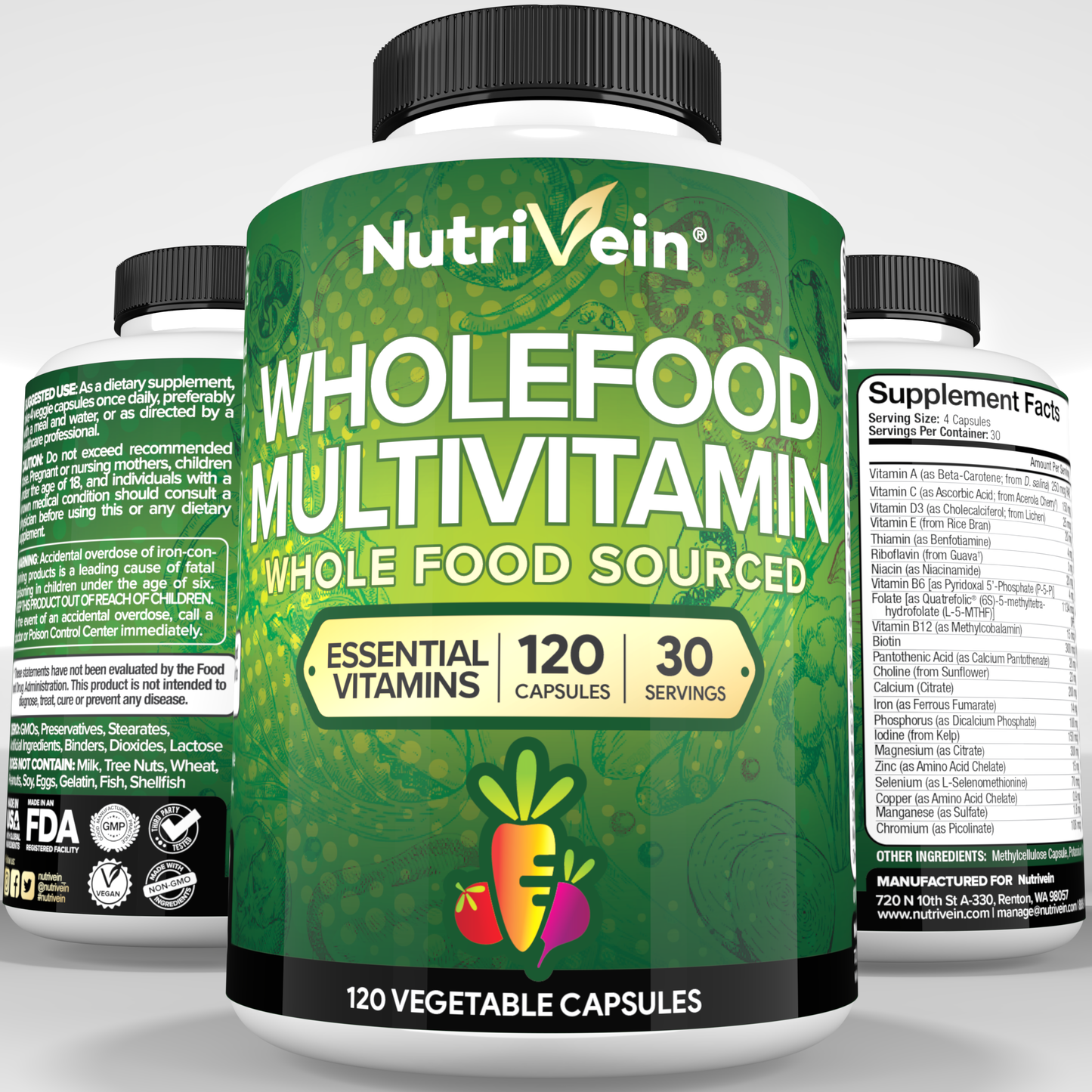 Nutrivein Whole Food Multivitamin for Men & Women – 120 Vegan Multivitamin Caps for Adults