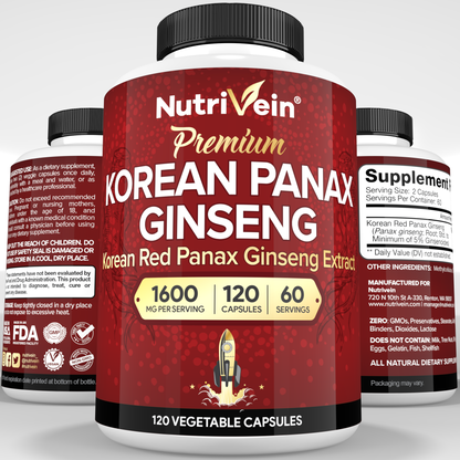 Nutrivein Korean Red Panax Ginseng 1600mg – Extra Strength Formula - 180 Capsules
