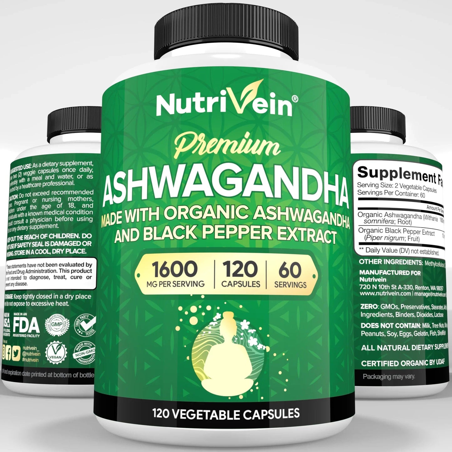 Nutrivein Premium Ashwagandha Supplement 1600mg - 120 Capsules