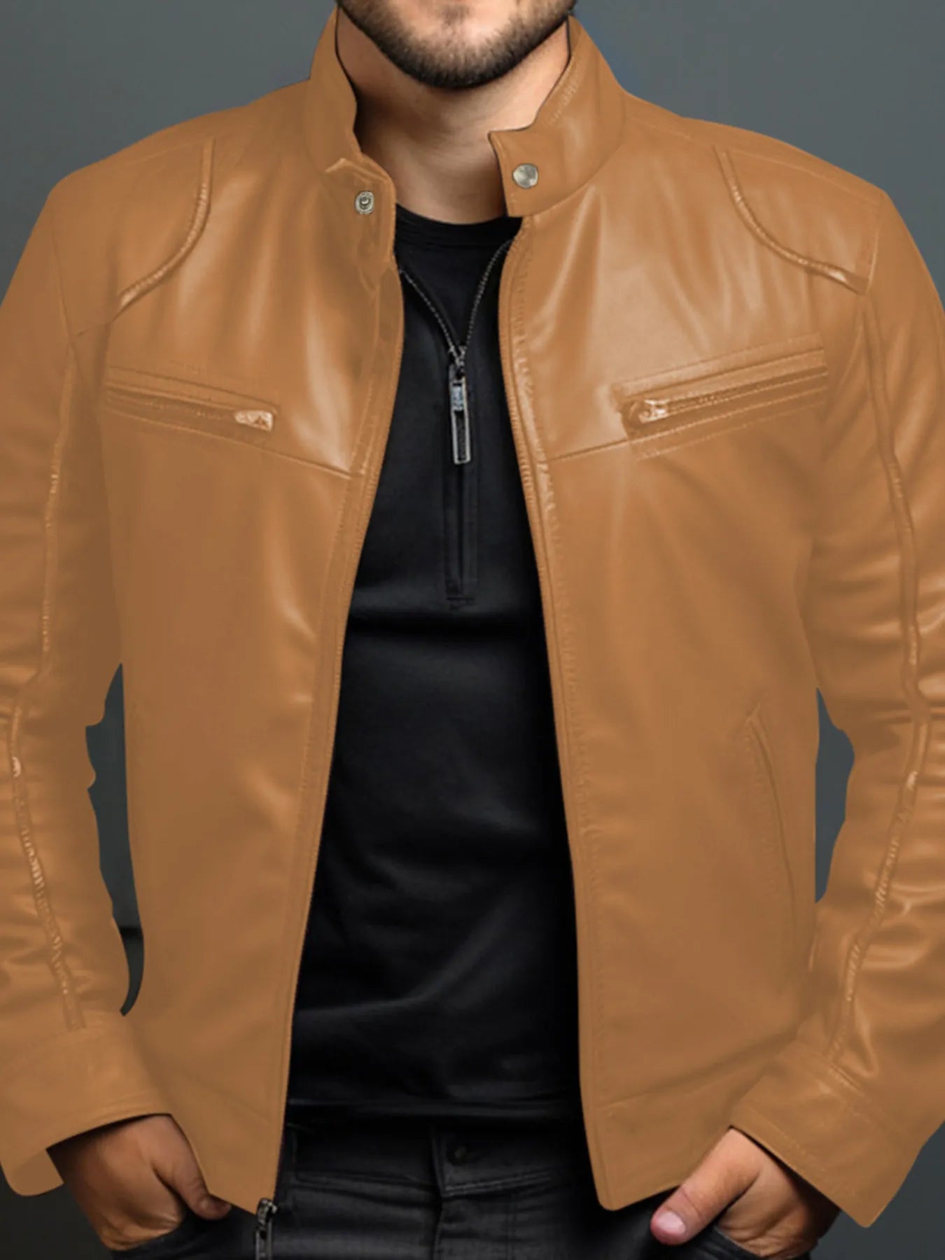 Men's Full Size Leather Motorcycle Jacket with Zipper Front Plus Size
