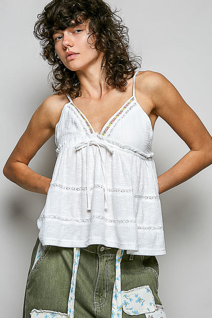 POL V-Neck Embroidered Trim Ruffled Cami