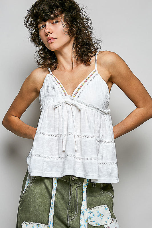 POL V-Neck Embroidered Trim Ruffled Cami