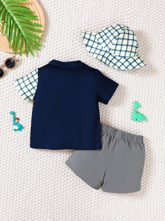 Children's Hat Dinosaur Plaid Button Up Top and Shorts 3-Piece Set