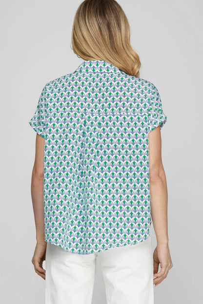 She + Sky Full Size Printed Johnny Collar Short Sleeve Blouse Plus Size
