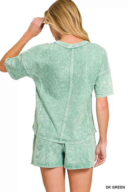 Zenana Halo Snow Washed Short Sleeve Tee and Shorts Set
