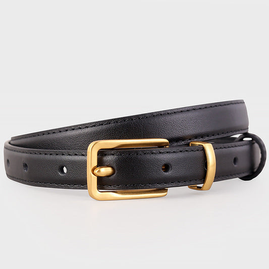Leather Skinny Belt with Golden Buckle
