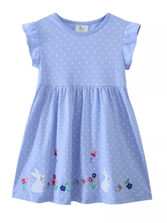 Children's Polka Dot Bunny Embroidered Ruffle Sleeve Dress