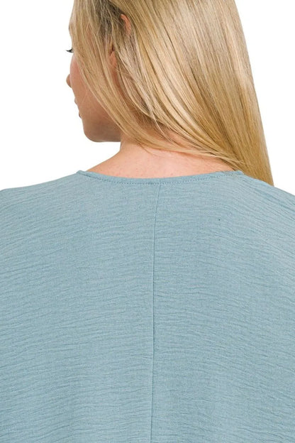 Zenana Woven Airflow V-neck Puff Half Sleeve Top