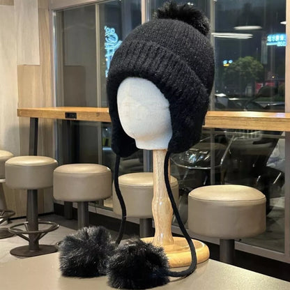 Warm Knitted Beanie Hat with Pom Pom Ear Flaps