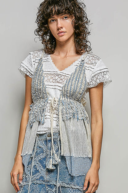 POL Subtle Stripe Pattern Cross-Back String Top with Center Tie Detail