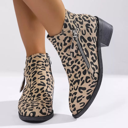 Leopard Block Heel Ankle Boots
