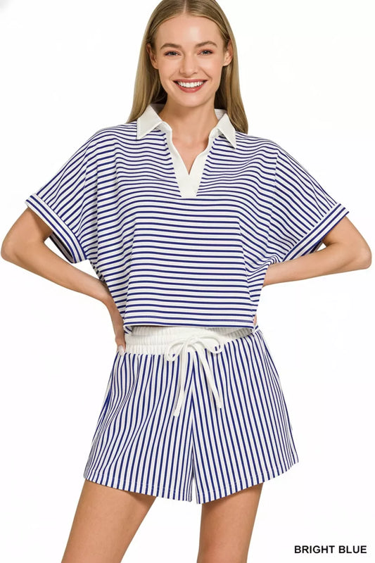 Zenana Striped Collared Top & Shorts Set