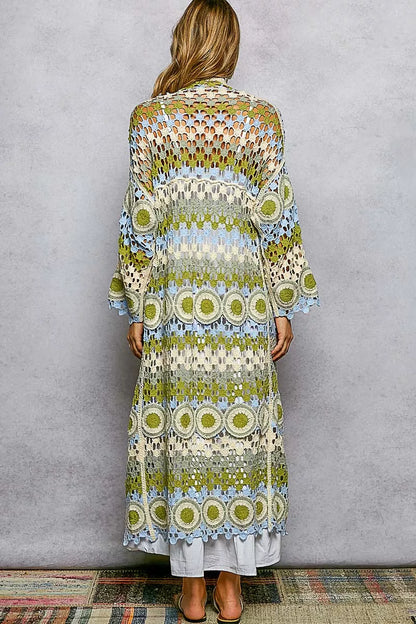 POL Scalloped Edge Open Front Crochet Cardigan with Colorful Stripe Pattern