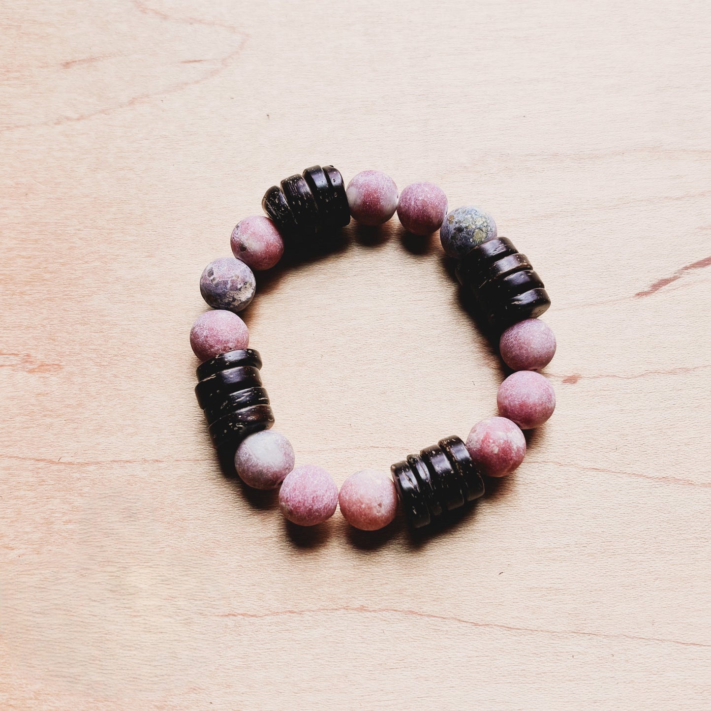 **Frosted Marble Jasper and Wood Stretch Bracelet (808z)