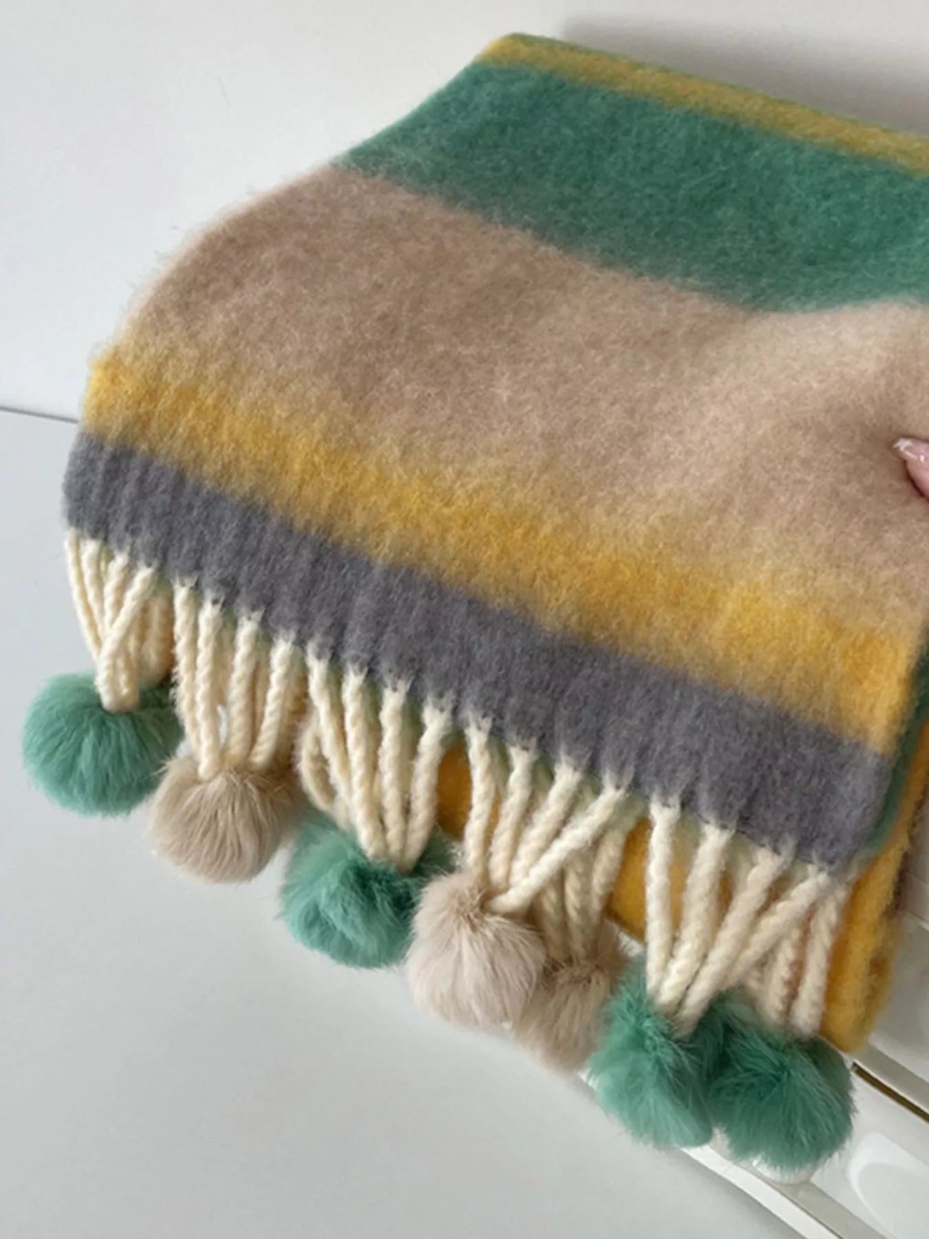 Rainbow Striped Fuzzy Scarf with Pom-Poms