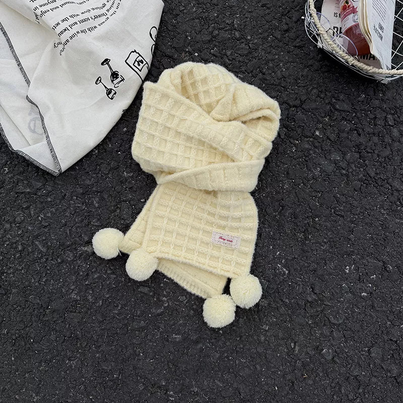 Waffle Knit Pom-Pom Scarf
