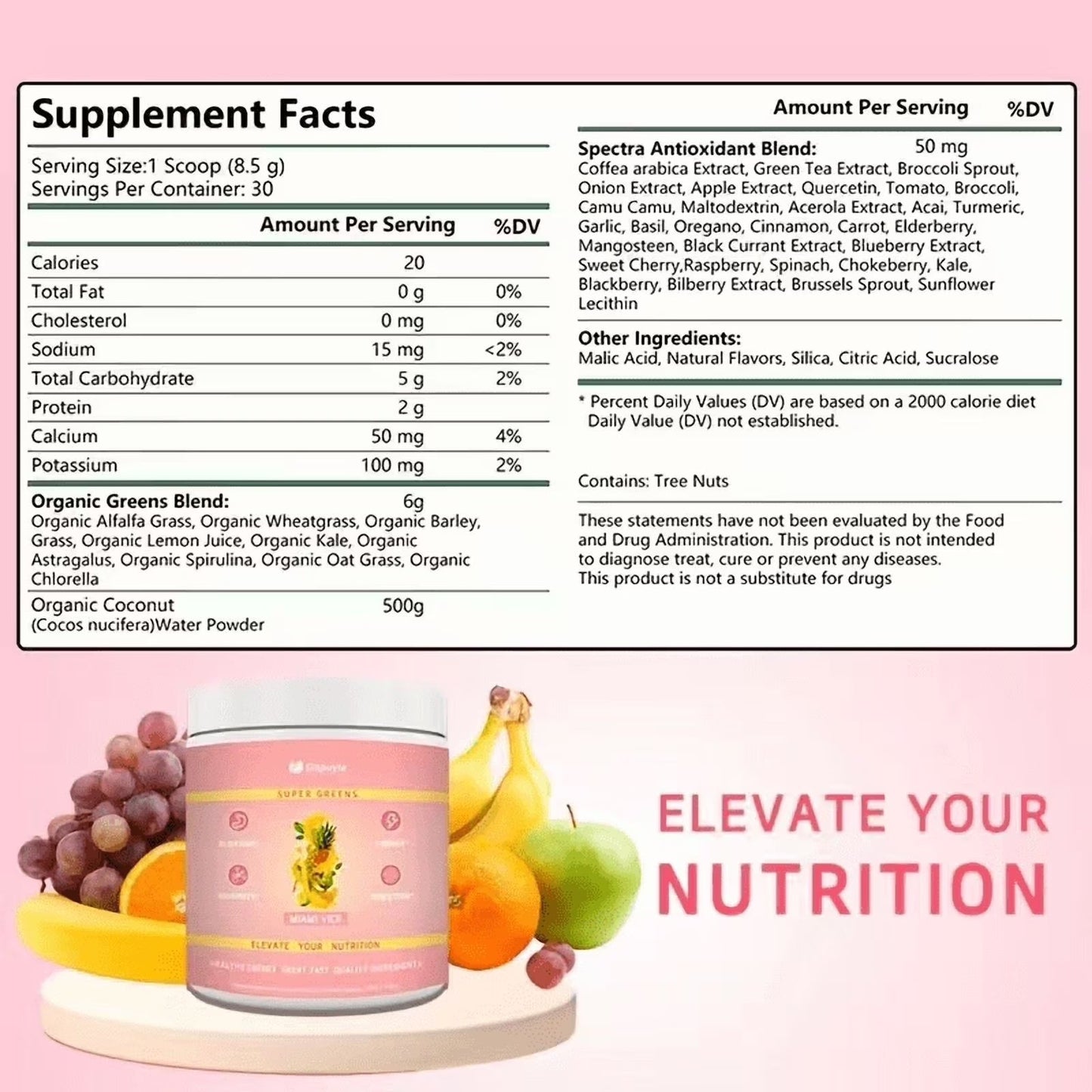 Super Greens Powder Miami Vice Flavor 255g Natural Daily Greens Supplement Supports Energy Digestion Immunity Bloating Relief