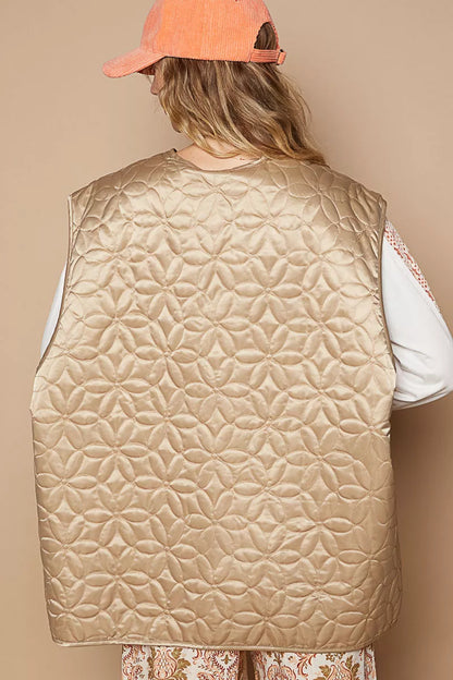 POL Front Zipper Floral Pattern Quilted Vest Coat with Front Pockets