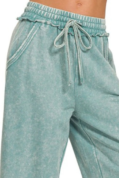 Zenana Washed French Terry Palazzo With Pockets