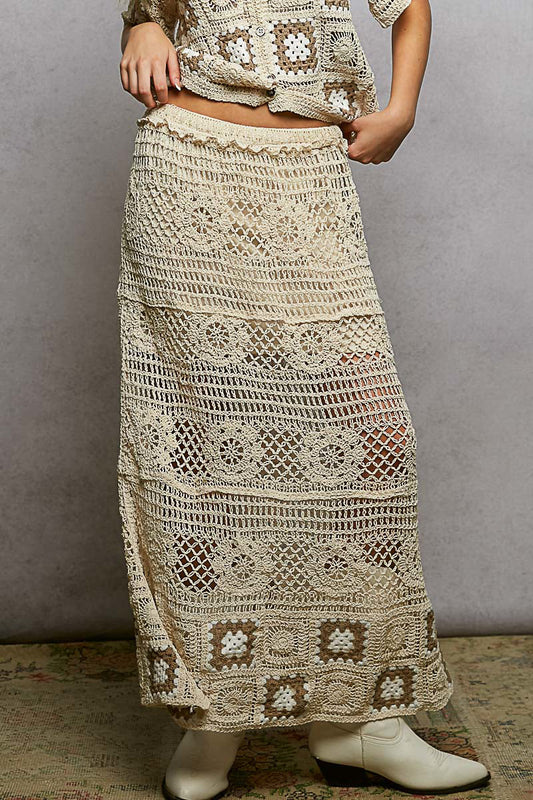 POL Floral Crochet Ruffled Waistband Maxi Skirt with Granny Square Weave