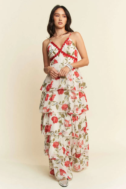 Davi & Dani Contrast Ring Lace Layered Ruffle Maxi Cami Dress