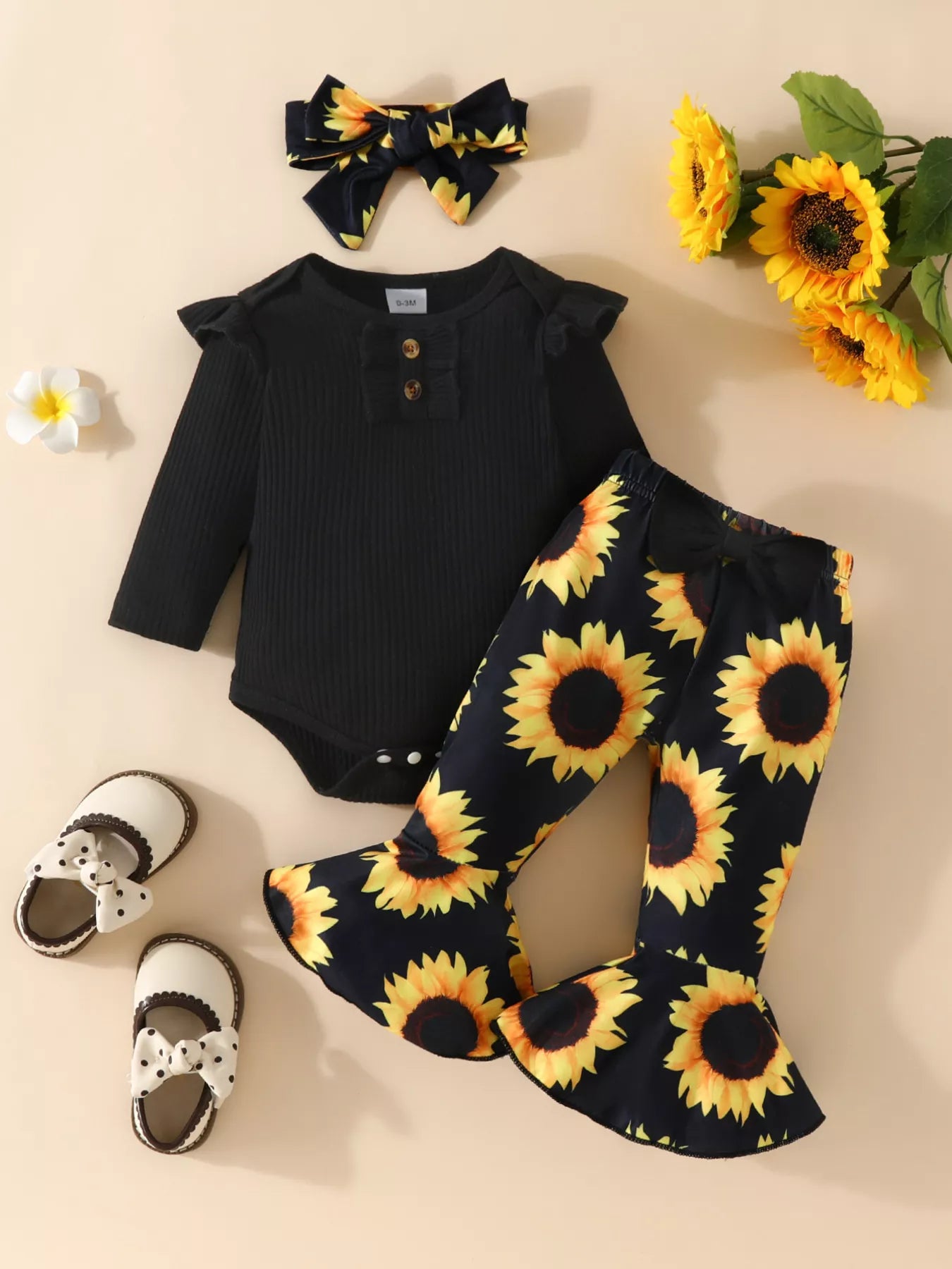 Children's Ruffled Ribbed Top and Sunflower Pants Set