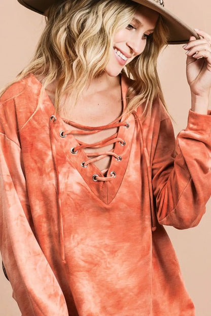 BiBi Lace-Up Tie-Dye French Terry Long Sleeve Top