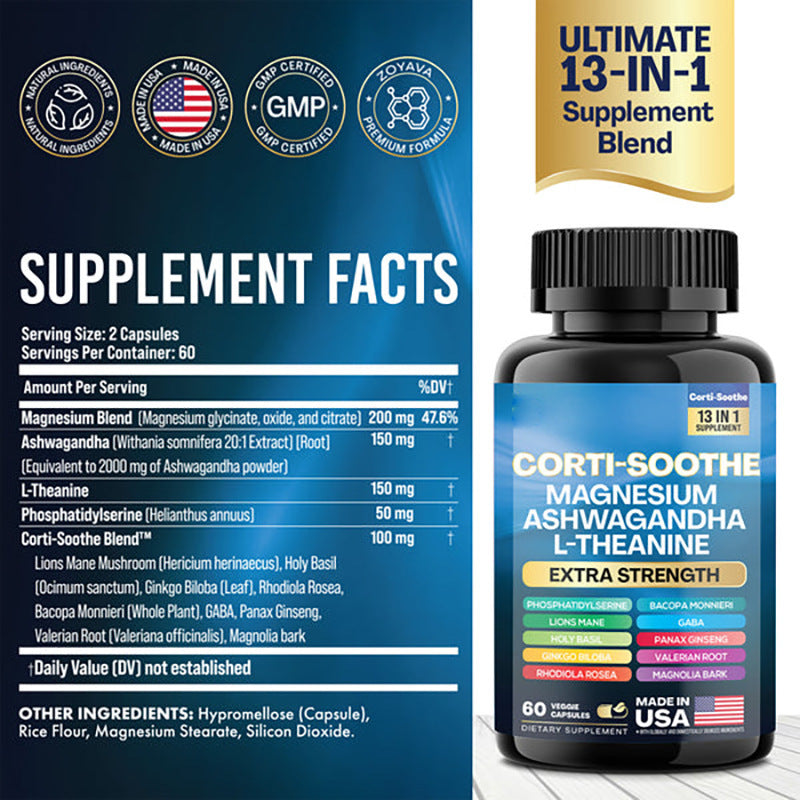Corti-Soothe 13-in-1 Magnesium Ashwagandha L-Theanine Supplement, Extra Strength Blend For Stress Support, 60 Capsules