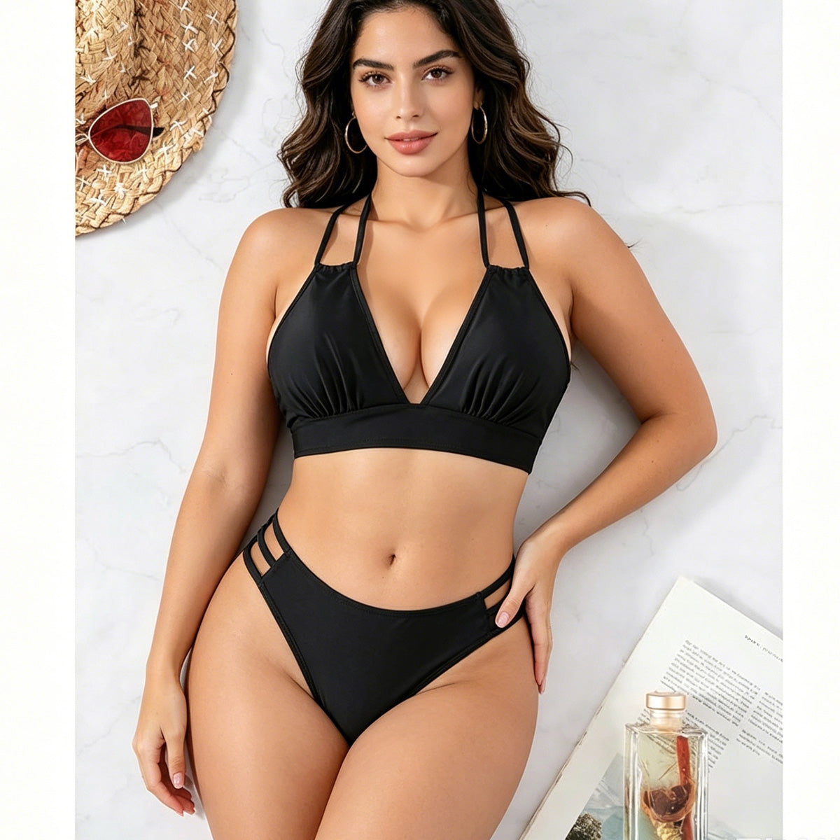 Women's Black Double Strap Bikini Set, Plunge V-Neck Top & High Waist Side Cutout Bottom, 2 Piece Swimsuit
