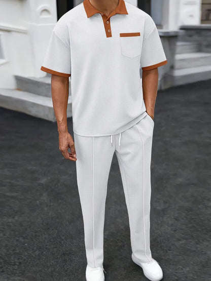 Men's Full Size Waffle-Knit Contrast Polo and Pants Set Plus Size