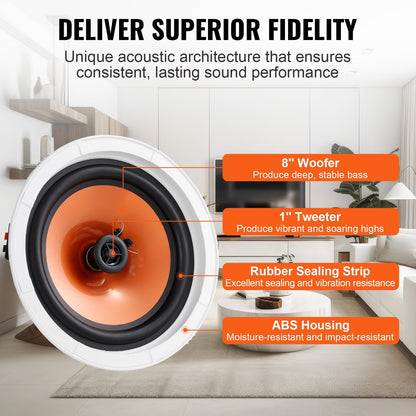 4 PCs 8 Inch In Ceiling Speakers, 100-Watts, Flush Mount Ceiling & In-Wall Speakers System With 8ΩImpedance 89dB Sensitivity, For Home Kitchen Living Room Bedroom Or Covered Outdoor Porches