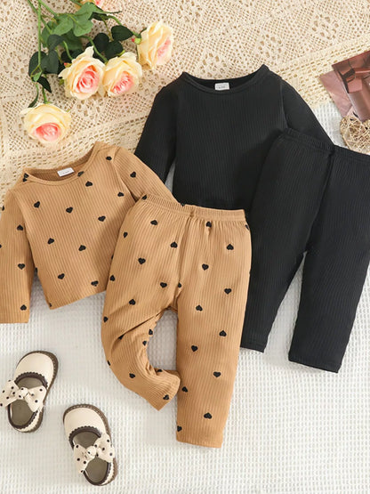 Children's Heart Print Ribbed Top and Pants Set