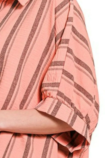 Zenana Woven Yarn-Dye Stripe Oversized Button Down Shirt