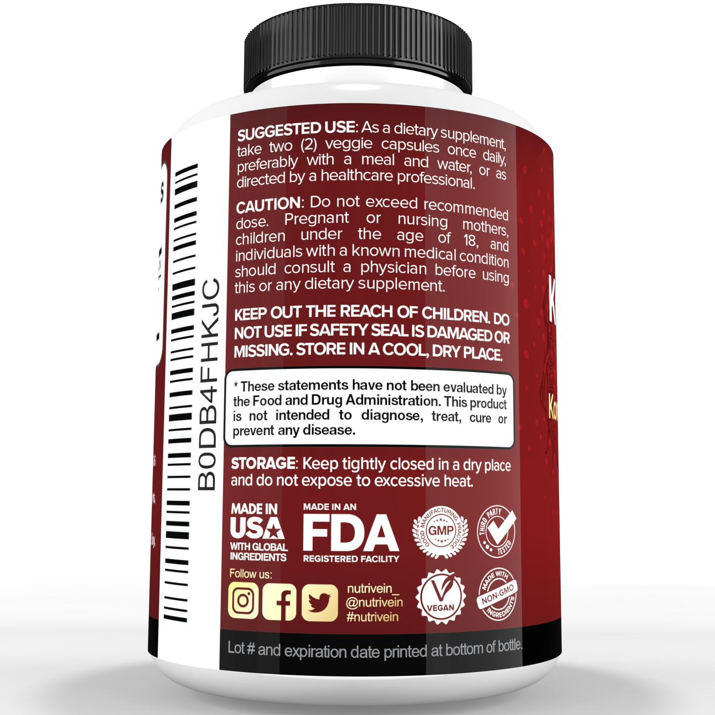 Nutrivein Korean Red Panax Ginseng 1600mg – Extra Strength Formula - 180 Capsules